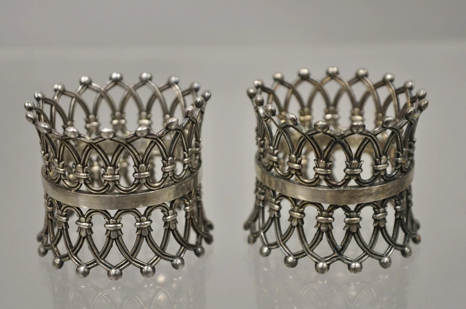 Antique English Victorian Silver Plated Fretwork Crown Napkin Rings - a Pair
