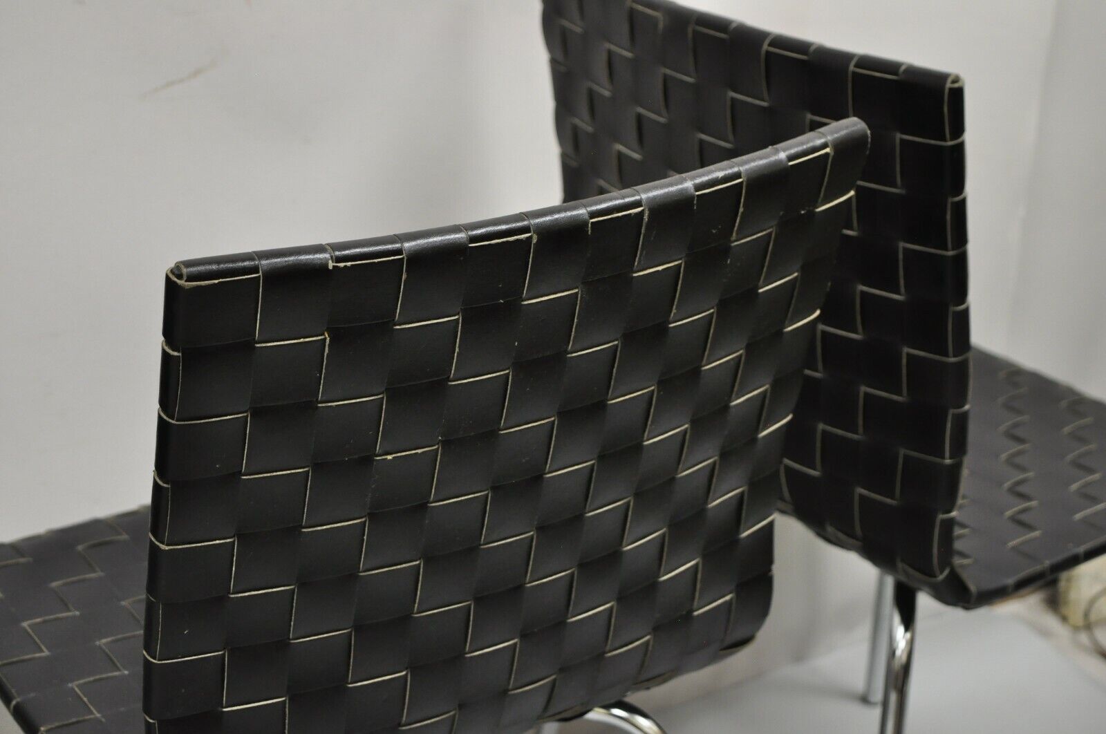 Modern Black Woven Leather Chrome Frame Dining Chairs - Set of 4