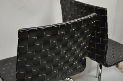 Modern Black Woven Leather Chrome Frame Dining Chairs - Set of 4