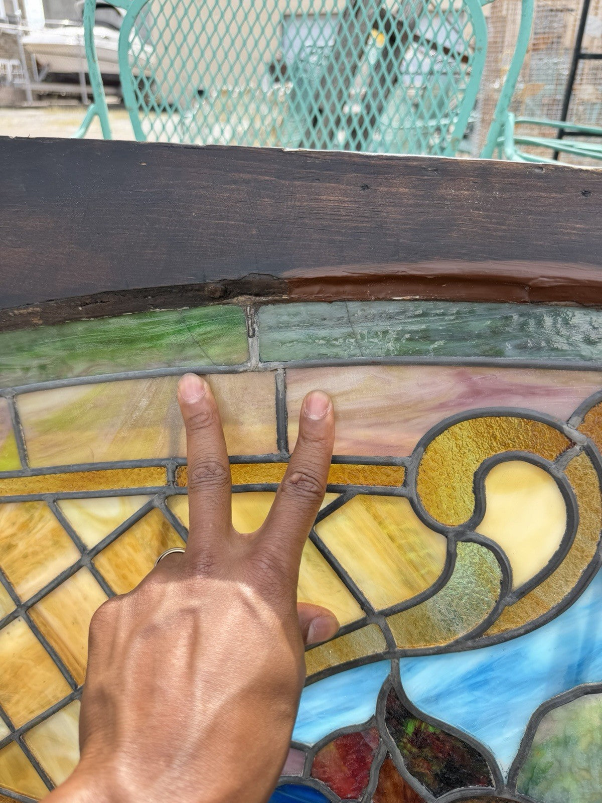 Antique Art Nouveau Colored Stained Glass Fruit 27 x 75 Arched Transom Window, A