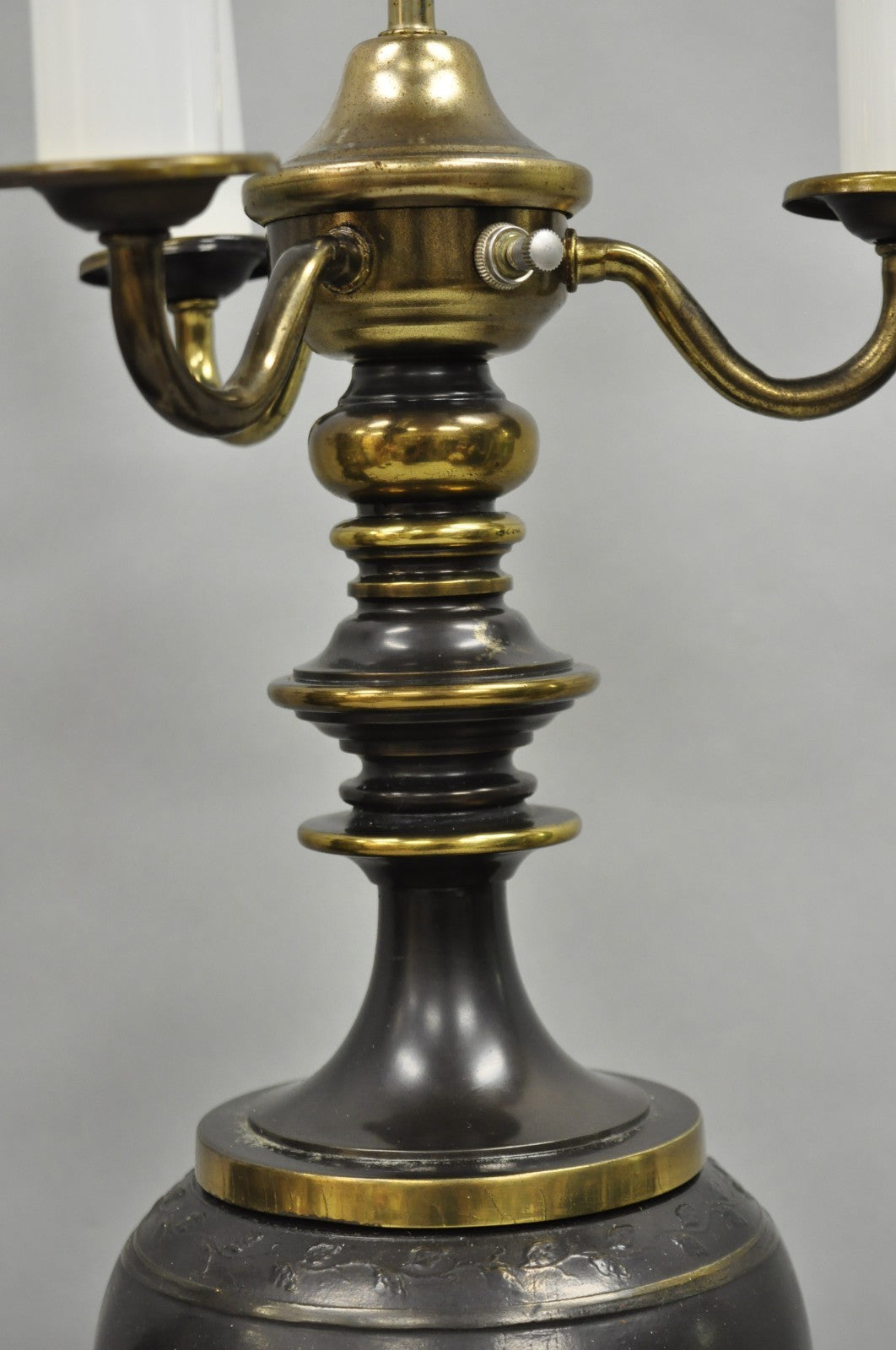 Antique Roman Neoclassical Bronze Finish Figural Candelabra Table Lamps - a Pair