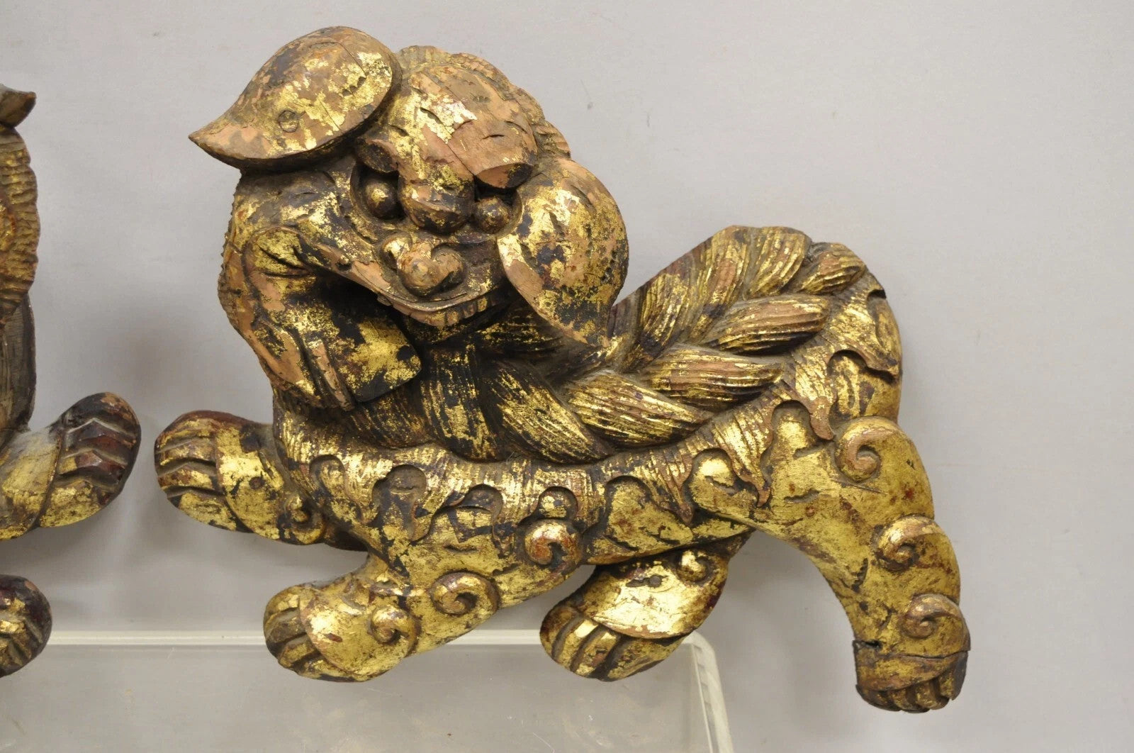 Vintage Chinoiserie Carved Wood Gold Gilt 12" Chinese Foo Dog Figures - a Pair