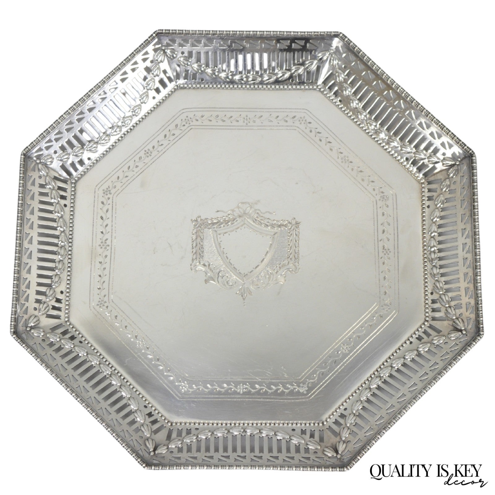Antique Ellis Barker English Edwardian Silver Plated Octagonal Trinket Dish Tray