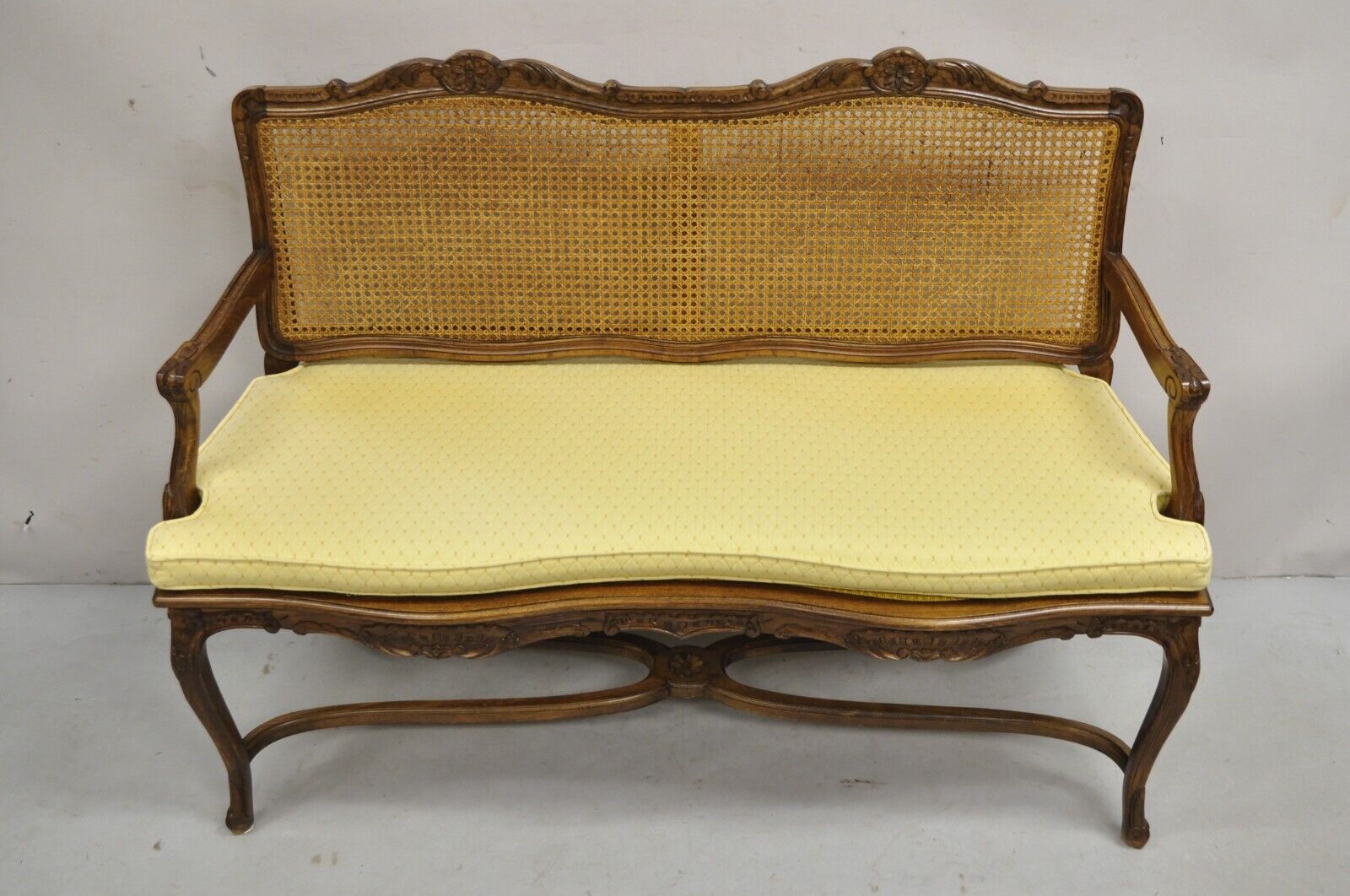 Vintage French Country Provincial Louis XV Style Carved Wood Cane Bench Settee