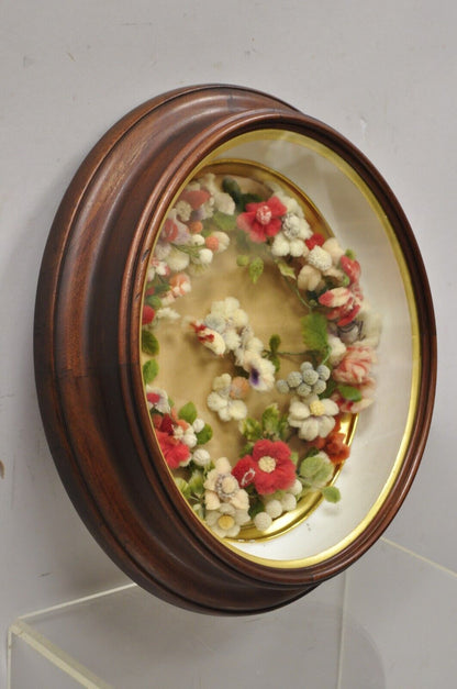 Victorian Oval Mahogany Shadow Box Frame Felt Cotton Flower Mourning Wreath