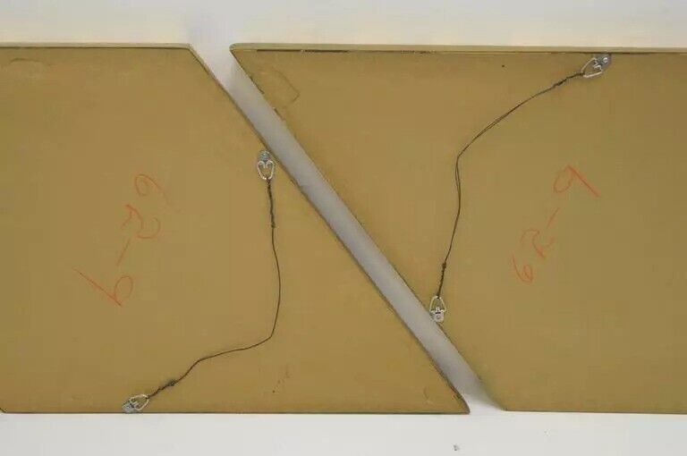 Hollywood Regency Diamond Shaped Deep Wood Frame Gold Leaf Wall Mirrors - Pair