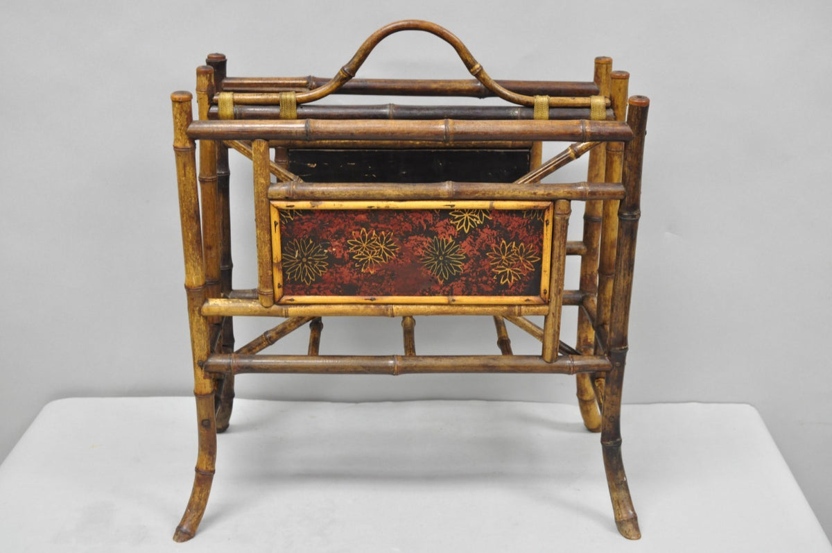 Antique English Victorian Bamboo Fretwork Canterbury Magazine Rack Stand