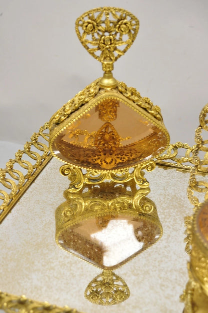 Vintage French Gold Filigree Vanity Set Perfume Clock Jewelry Box & Tray - 5 Pcs