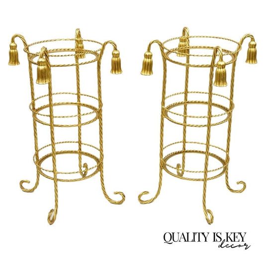 Italian Hollywood Regency 3 Tier Gold Iron Rope Tassel Stand Side Tables - Pair