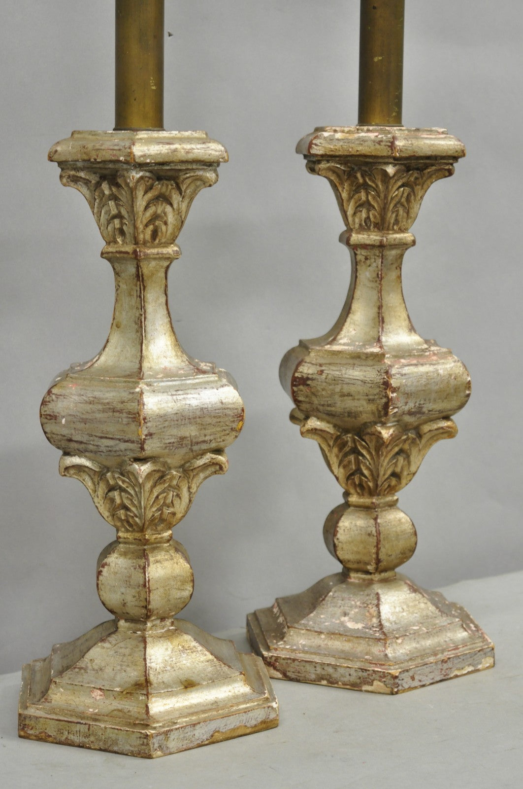 Italian Hollywood Regency Silver Carved Giltwood Candlestick Table Lamps a Pair