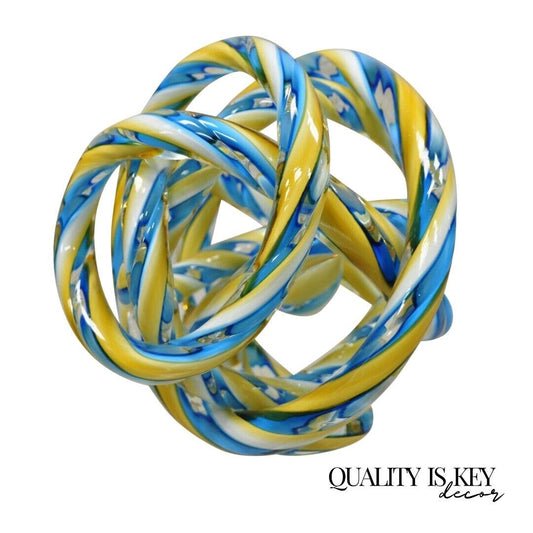 Murano Art Glass Swirl 8" Infinity Knot of Love Blue and Yellow