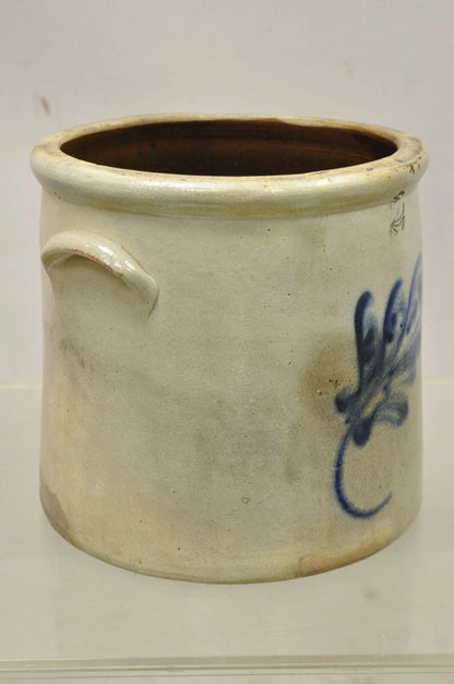 Antique Stoneware Two Gallon Crock with Cobalt Blue Slip Trailed Floral Design