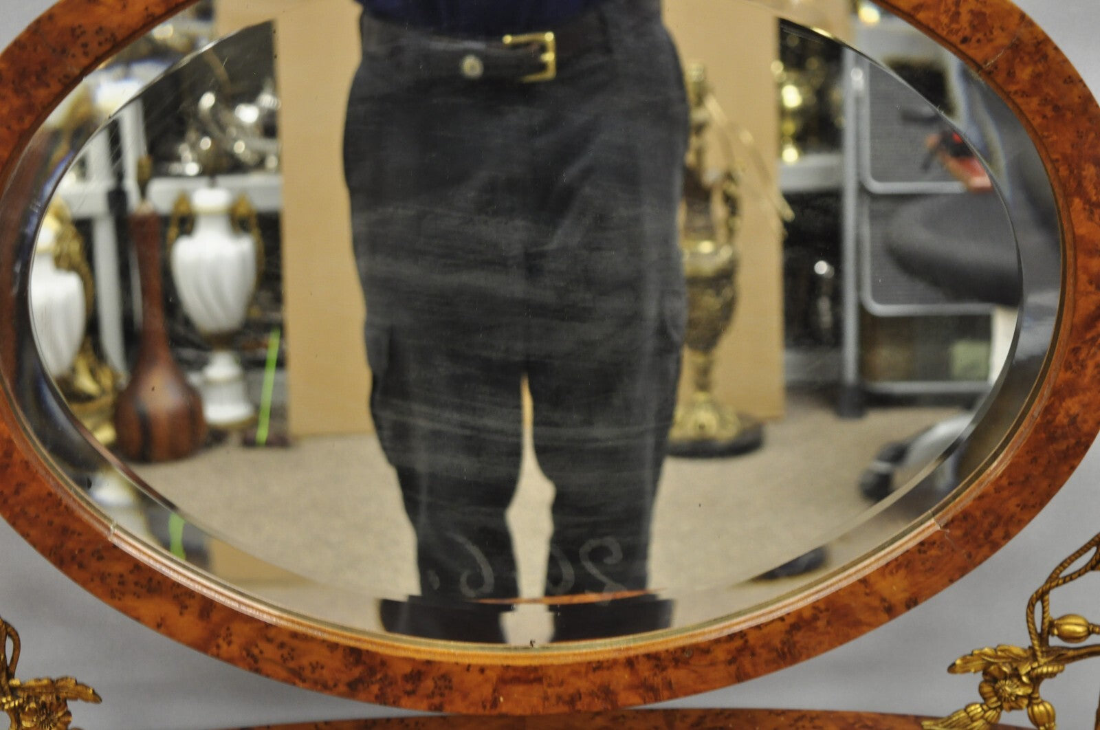 Antique French Louis XVI Burlwood Kidney Shaped Vanity Dressing Table w/ Mirror