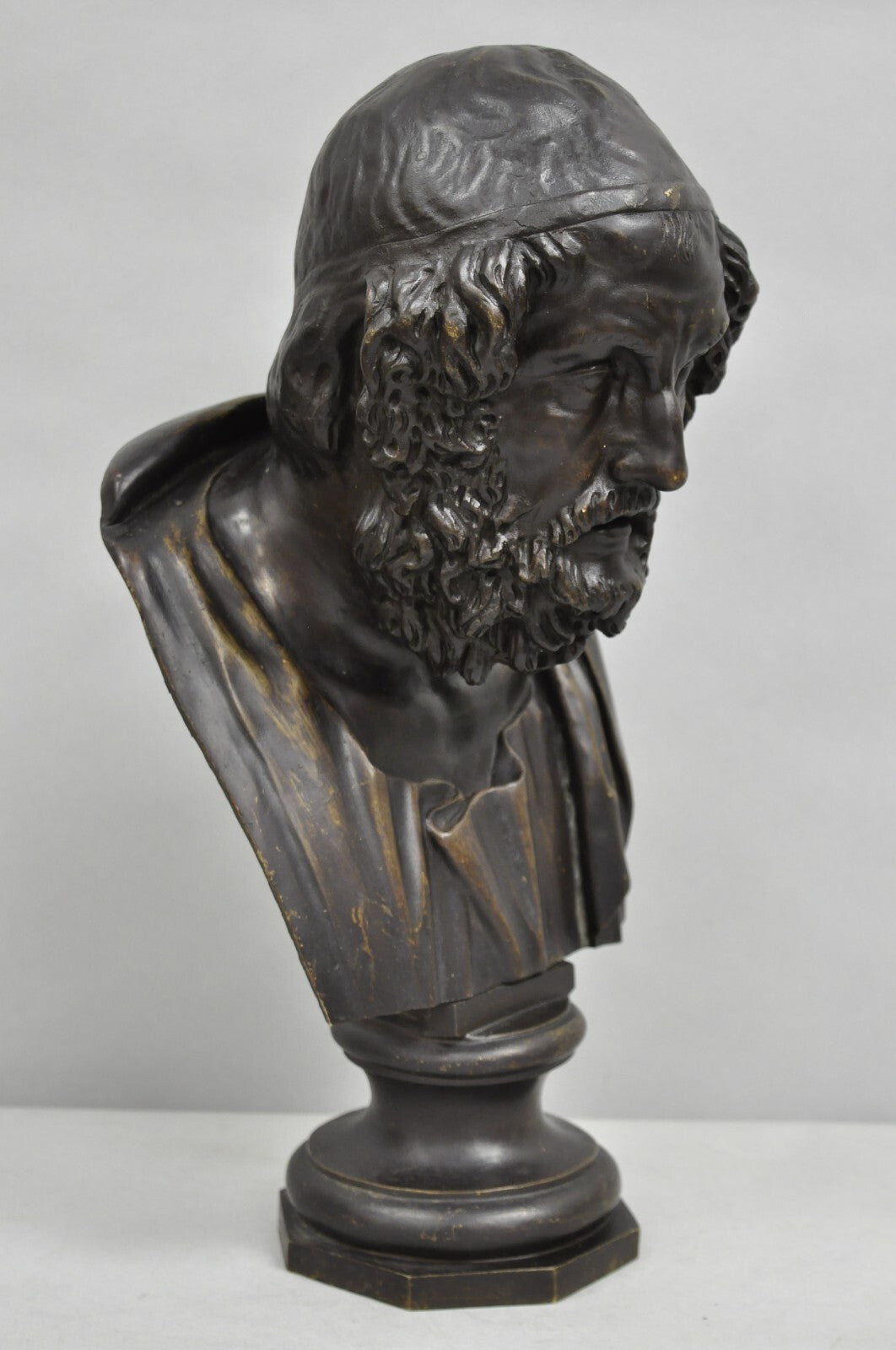 Vintage Greek Classical Style Patinated Cast Bronze Bust Sculpture of Homer