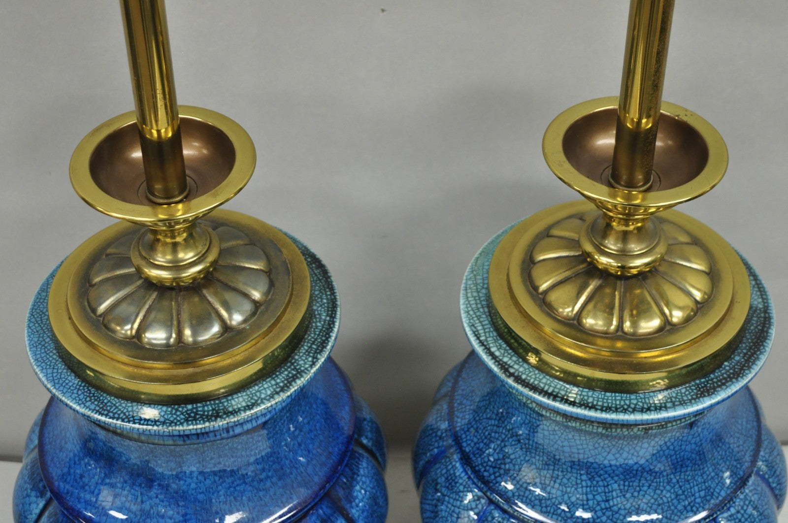 Stiffel Mid Century Modern Blue Crackle Glazed Ceramic Brass Table Lamps