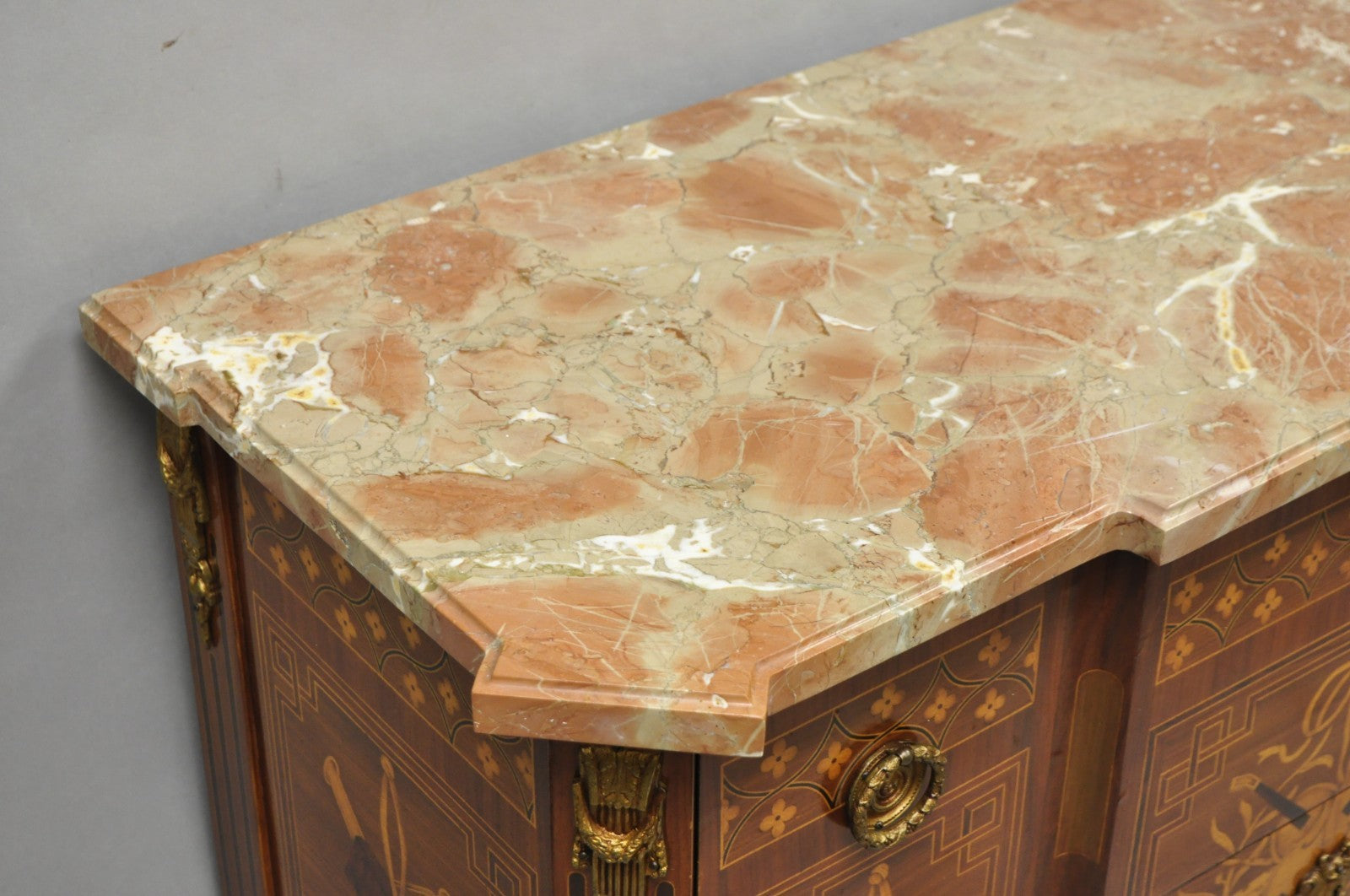 Vintage French Louis XV Style Marquetry Inlay Marble Top Commode Dresser Chest
