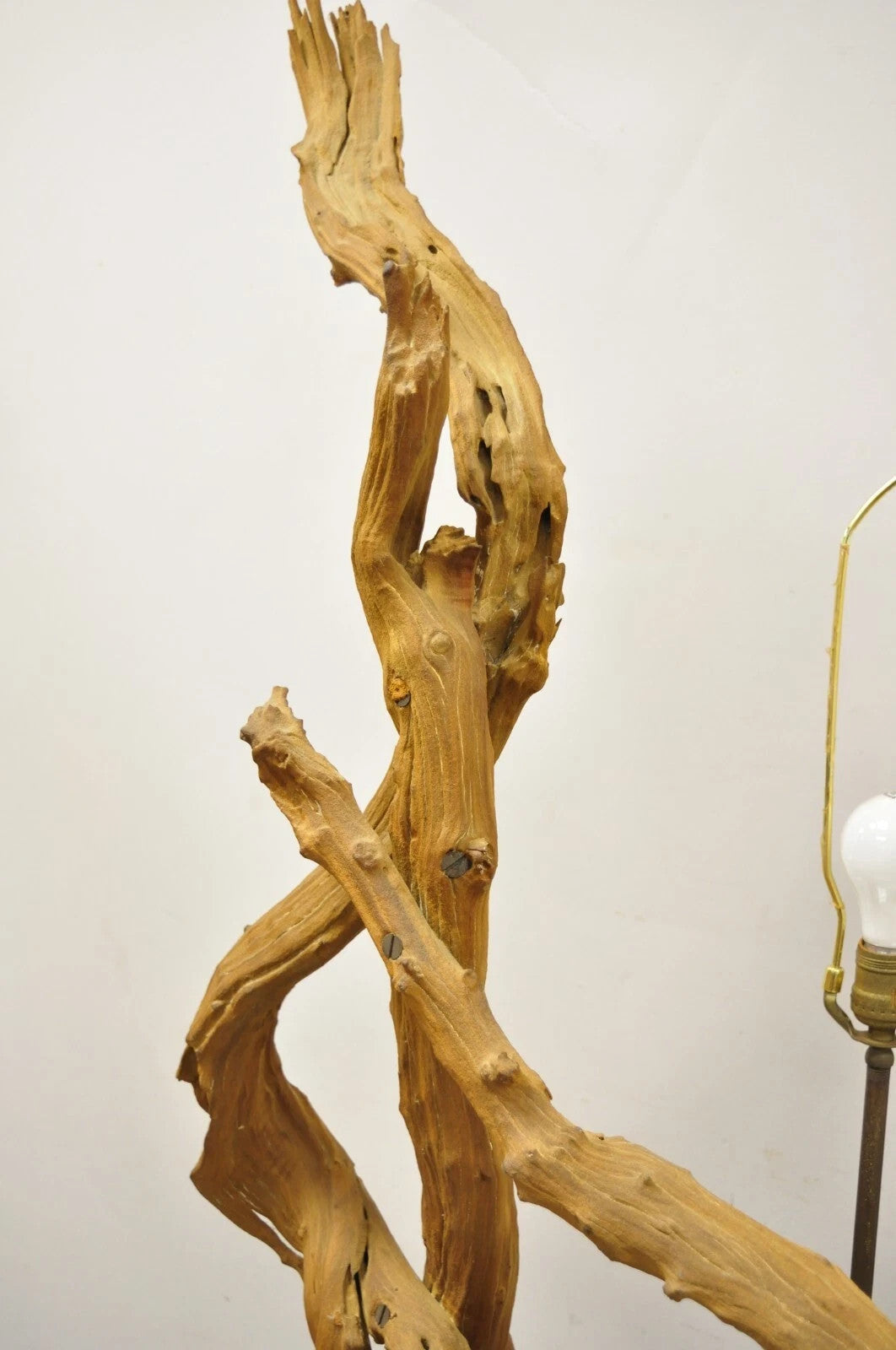 Vintage Mid Century Modern Large Driftwood Floor Lamp Kidney Glass Side Table