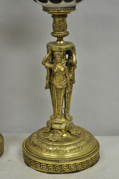 French Renaissance Brass Figural Maiden Base Red Bohemian Glass Table Lamps Pair