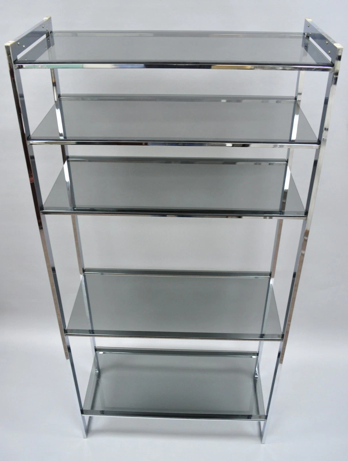 Mid Century Modern Baughman Style Chrome Smoked Glass Etagere Bookcase Shelf