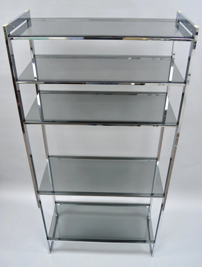 Mid Century Modern Baughman Style Chrome Smoked Glass Etagere Bookcase Shelf