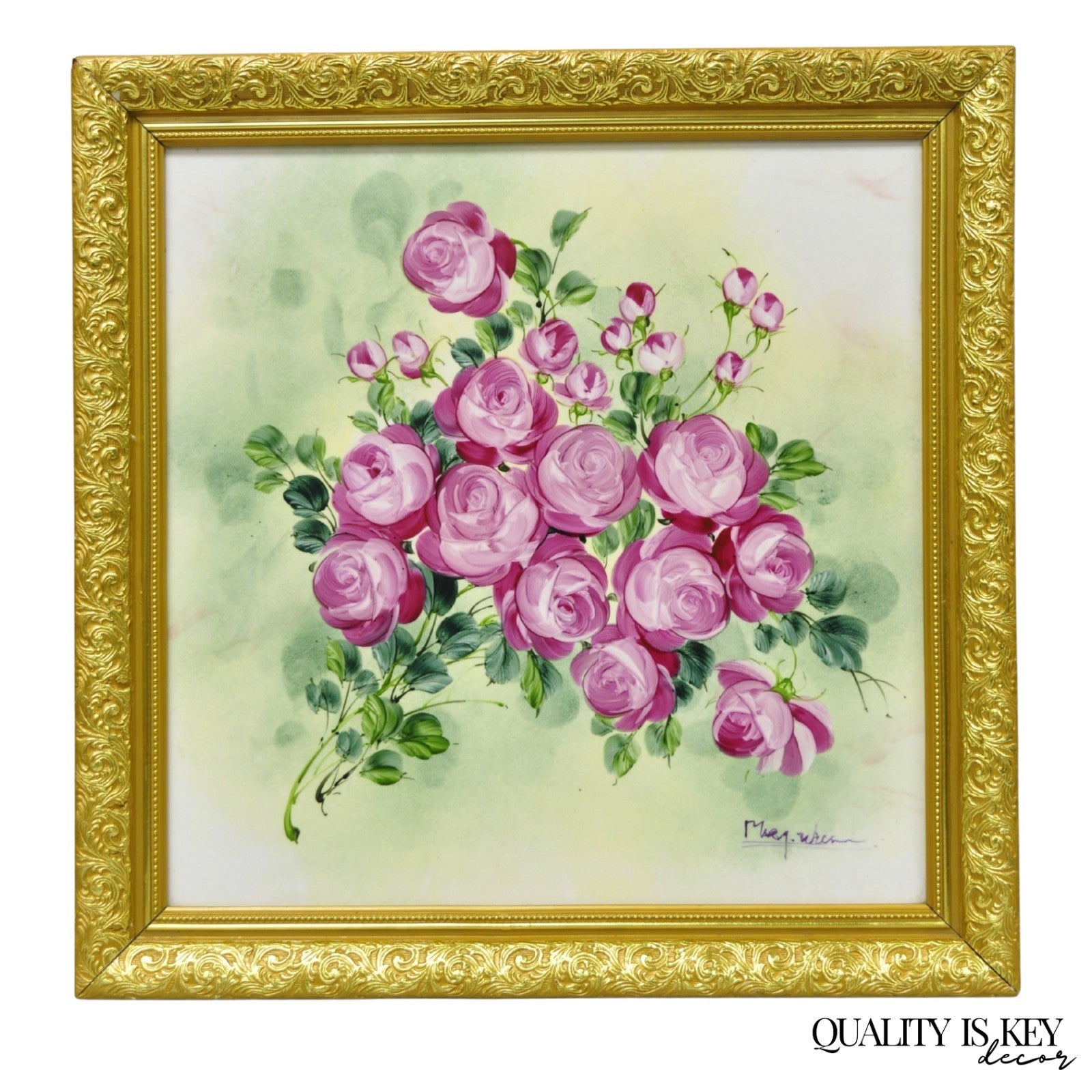 Mary Wilson French Hand Painted Porcelain Plaque Pink Rose Flower Painting (A)