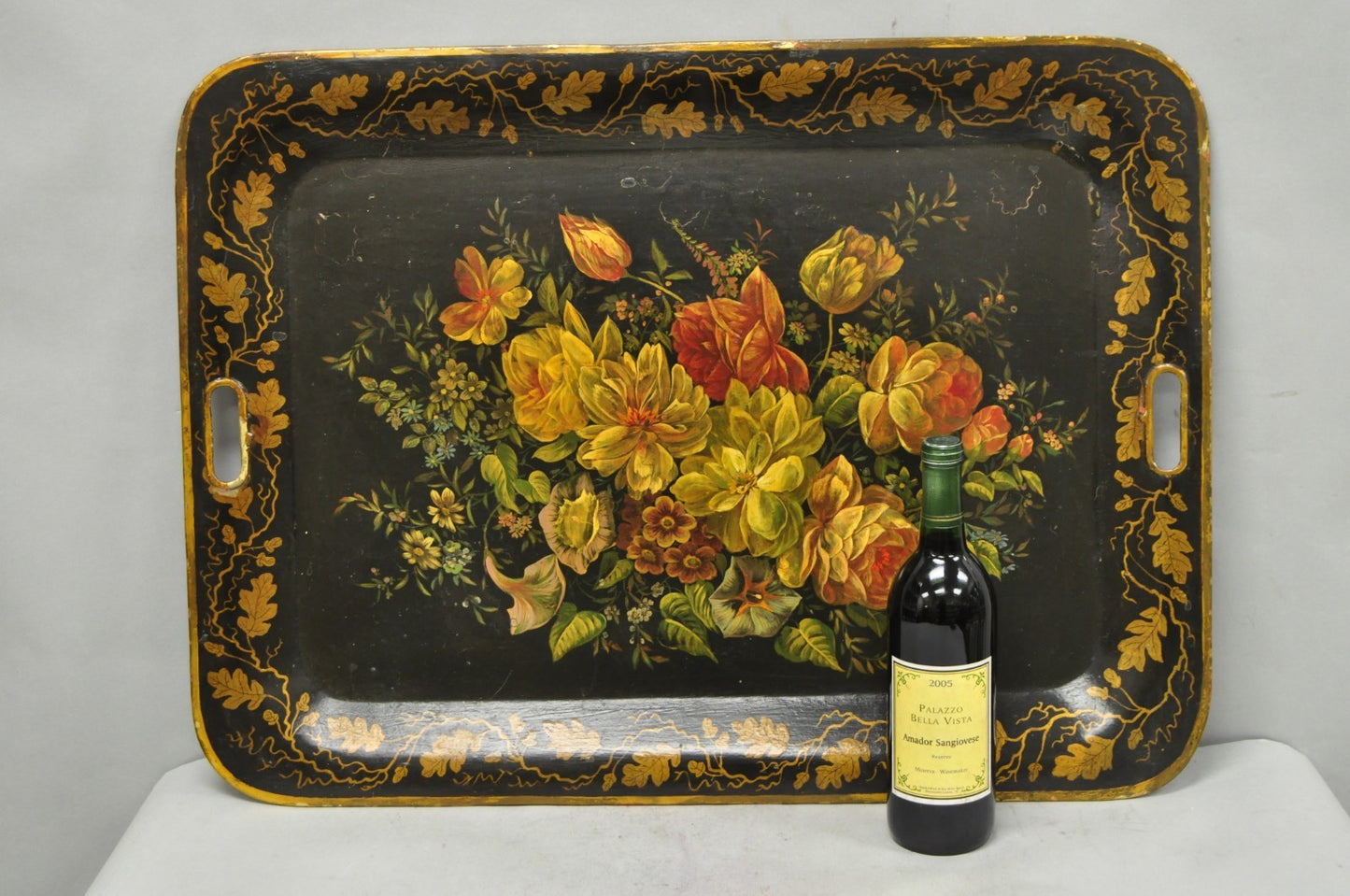 Antique French Country Tole Metal Hand Painted Floral Large Serving Platter Tray