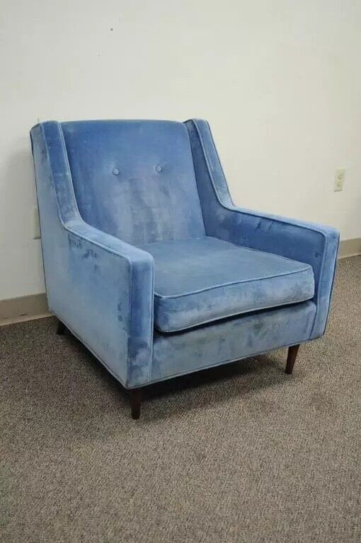 Vintage Mid Century Modern Walnut Frame Blue Club Lounge Chair after Paul McCobb