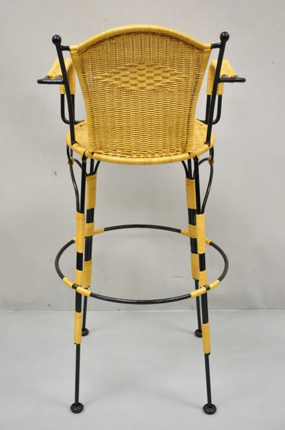 French Country Wrought Iron Woven Vinyl Rattan Bar Stools With Arms - Set of 4