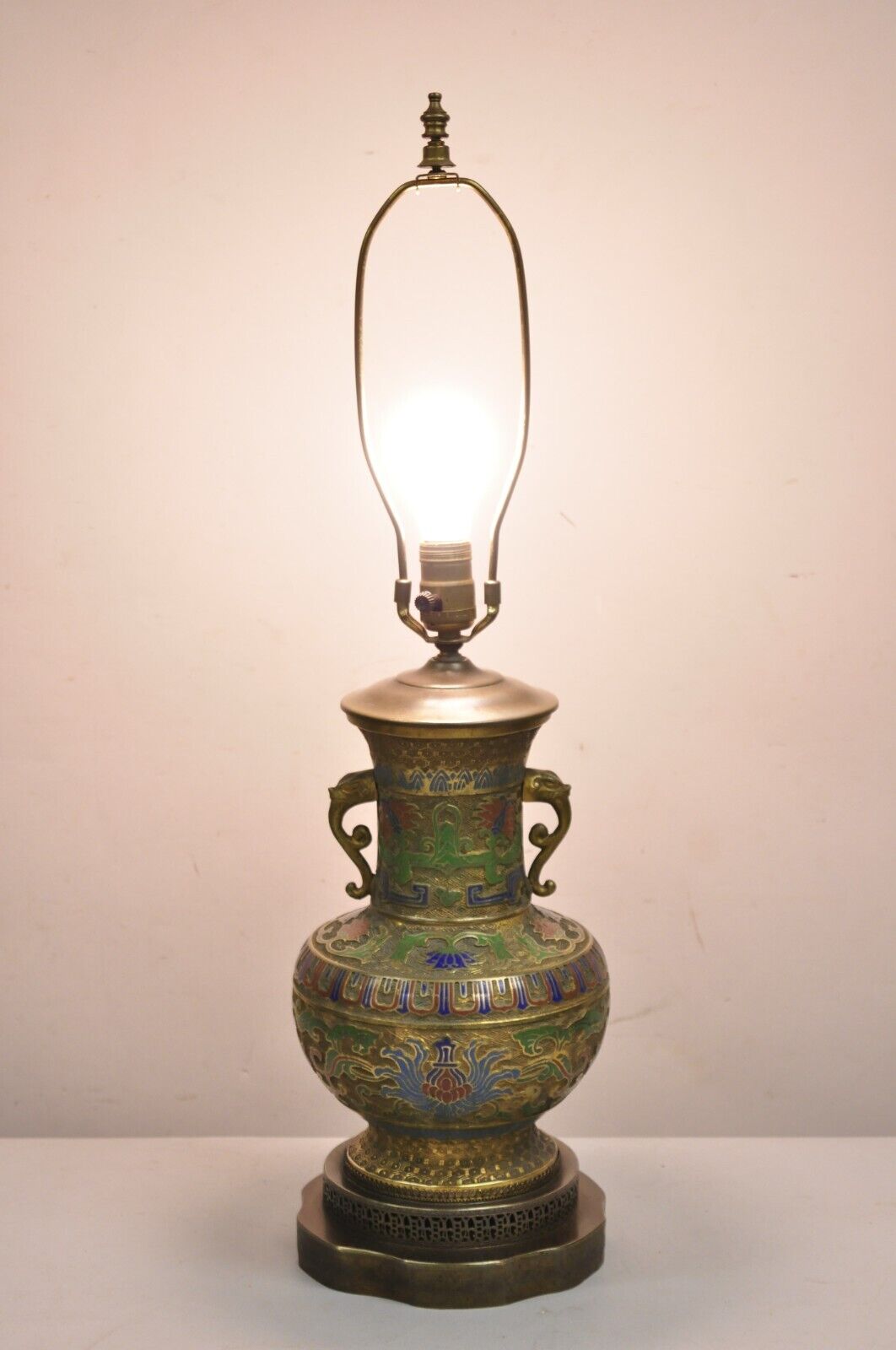 Vintage Middle Eastern Cloisonné Champlevé Blue Green Brass Table Lamp