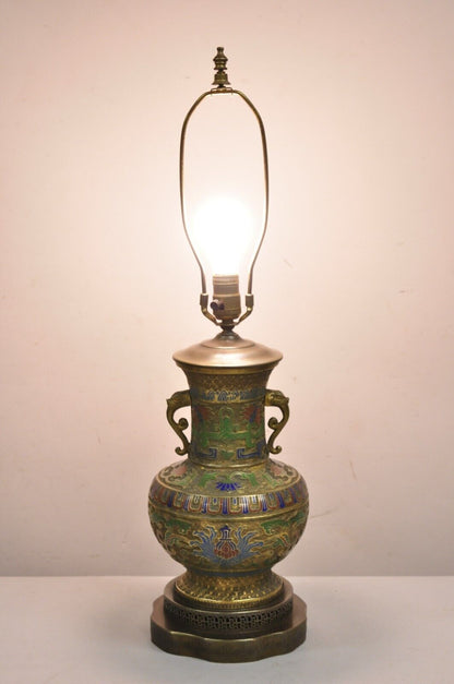 Vintage Middle Eastern Cloisonné Champlevé Blue Green Brass Table Lamp