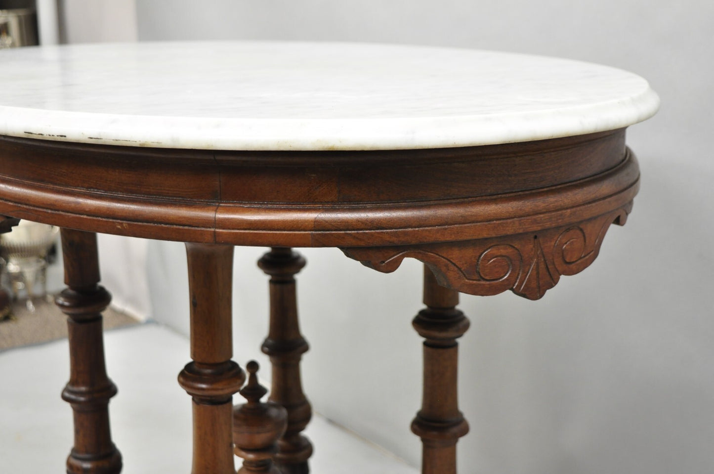 Antique Eastlake Victorian Carved Walnut Pedestal Base Marble Top Parlor Table