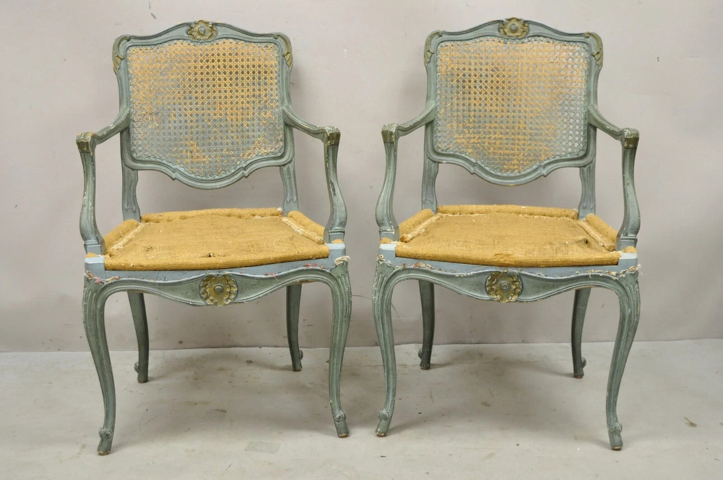 Antique French Louis XV Style Blue Painted Cane Back Fauteuil Arm Chairs - Pair