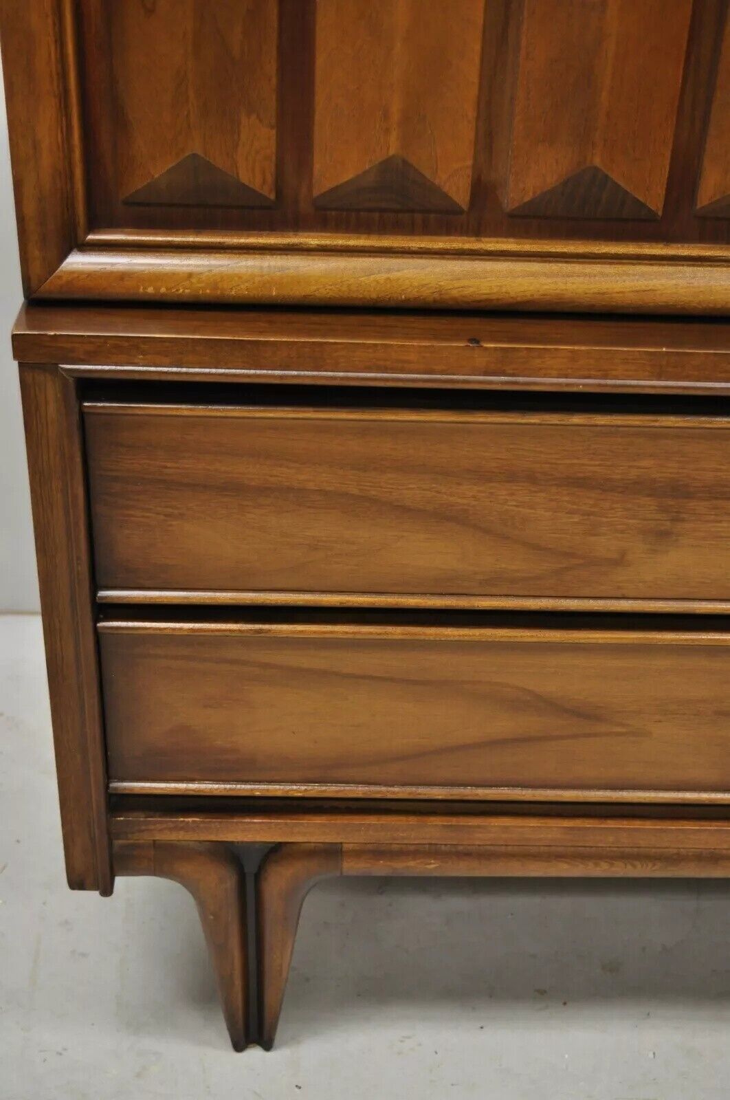 Vintage Mid Century Modern Sculpted Walnut V-Leg Tall Chest Dresser Cabinet