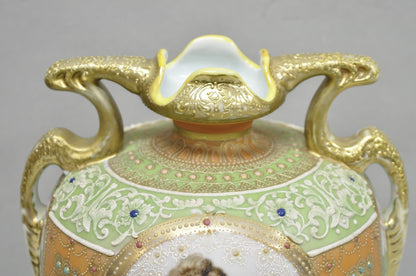 Antique Nippon Hand Painted Porcelain Green Moriage Twin Handle Portrait Vase