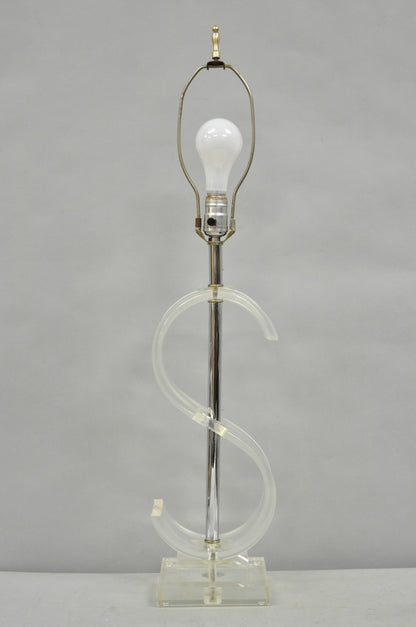 Vintage Mid Century Modern Clear Lucite "S" or "$" Sculptural Table Lamp