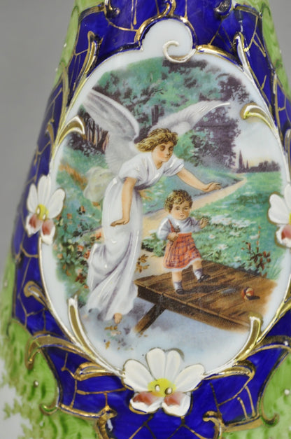 Antique Victorian French Hand Painted Angel and Child Glass Table Lamps - a Pair