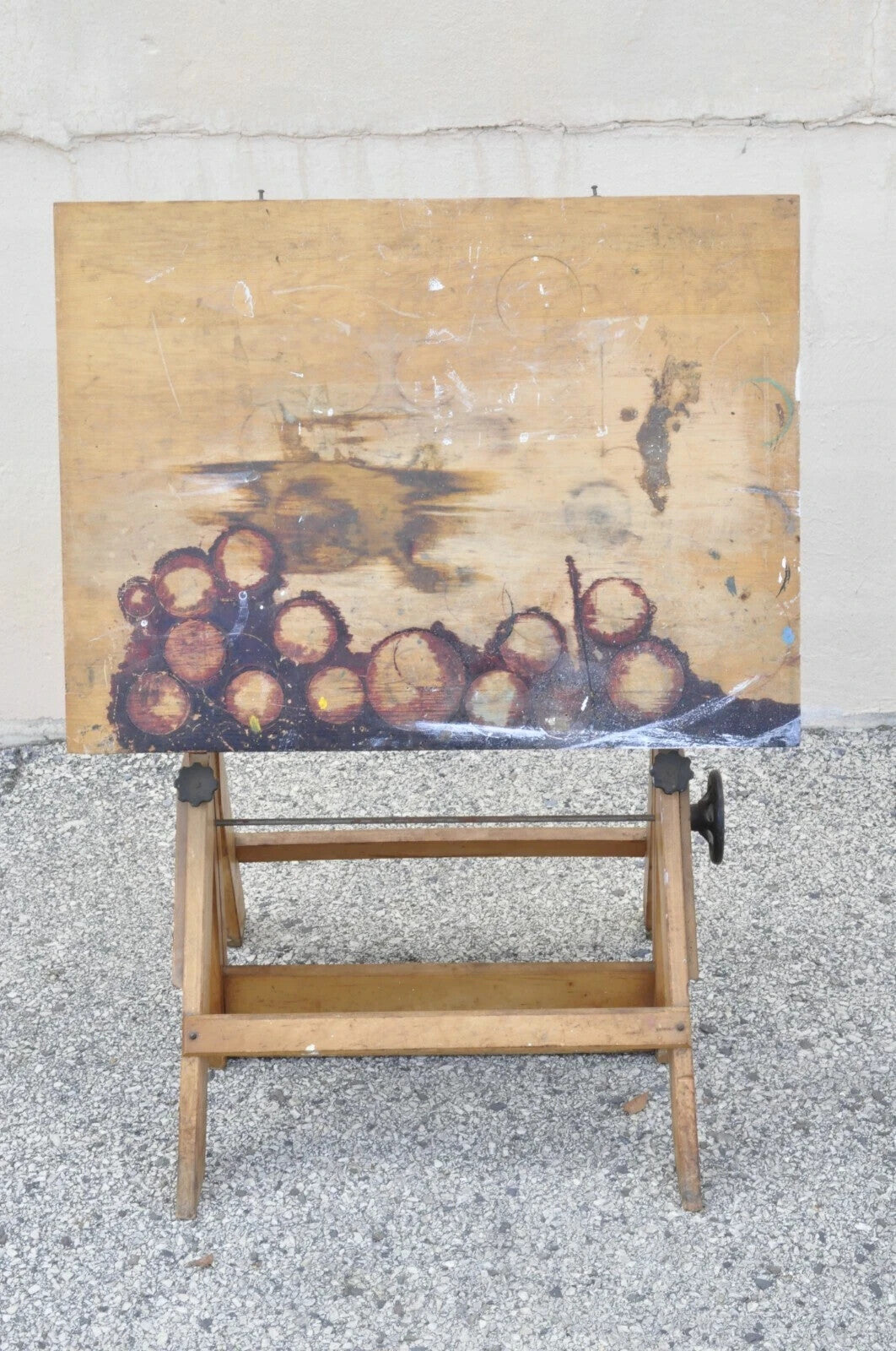 Antique American Industrial Small Wood & Cast Iron Drafting Table Work Desk