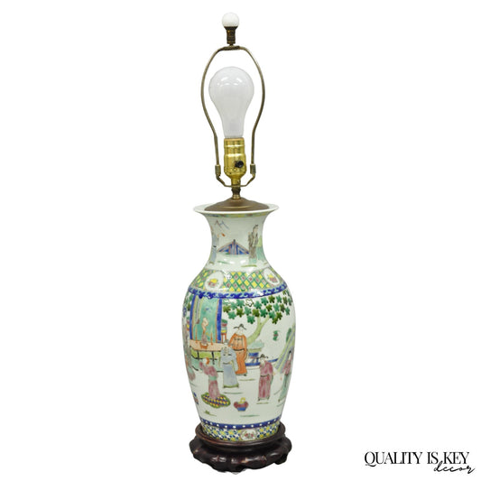 Vintage Chinoiserie Chinese Porcelain Jardiniere Vase Paint Decorated Table Lamp