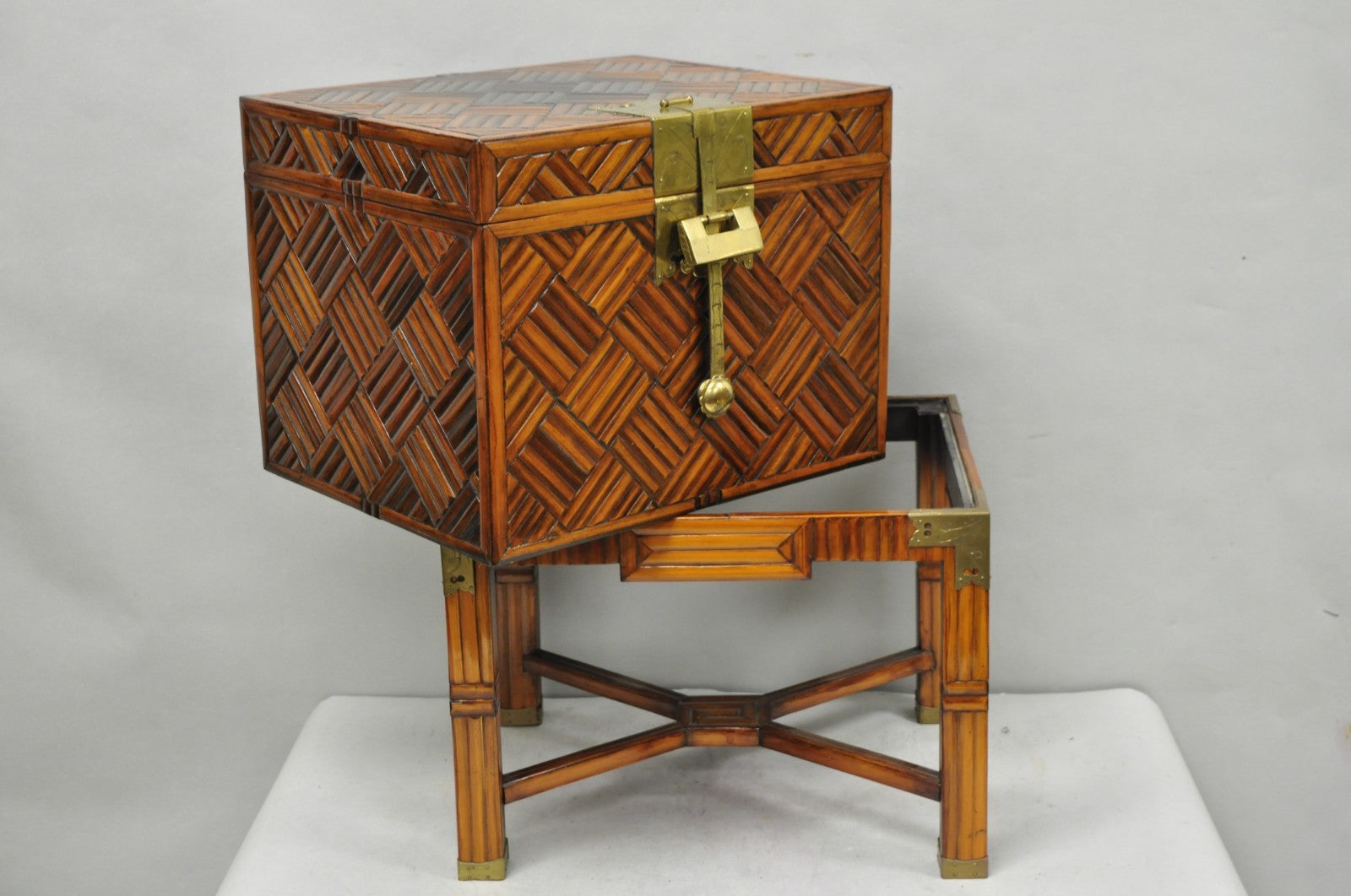 Furniture Classics Ltd Chinese Teak & Bamboo Campaign Chest Side Table on Stand