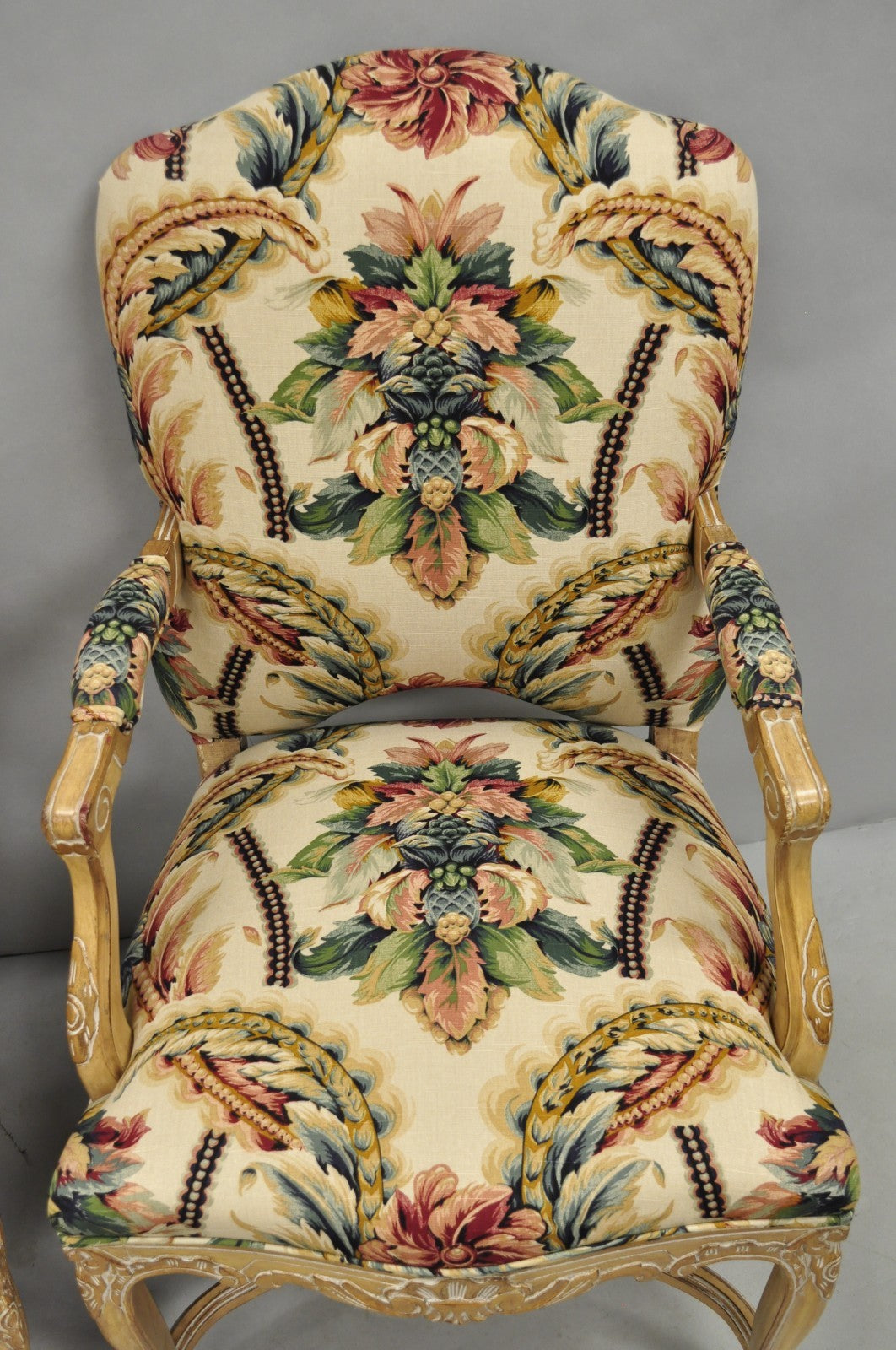 Vintage French Country Louis XV Style Carved Wood Lounge Arm Chairs - a Pair