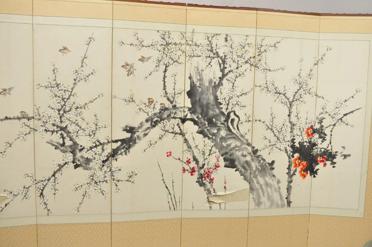 Chinoiserie Japanese Cherry Blossom Byobu 8 Panel Folding Screen Room Divider