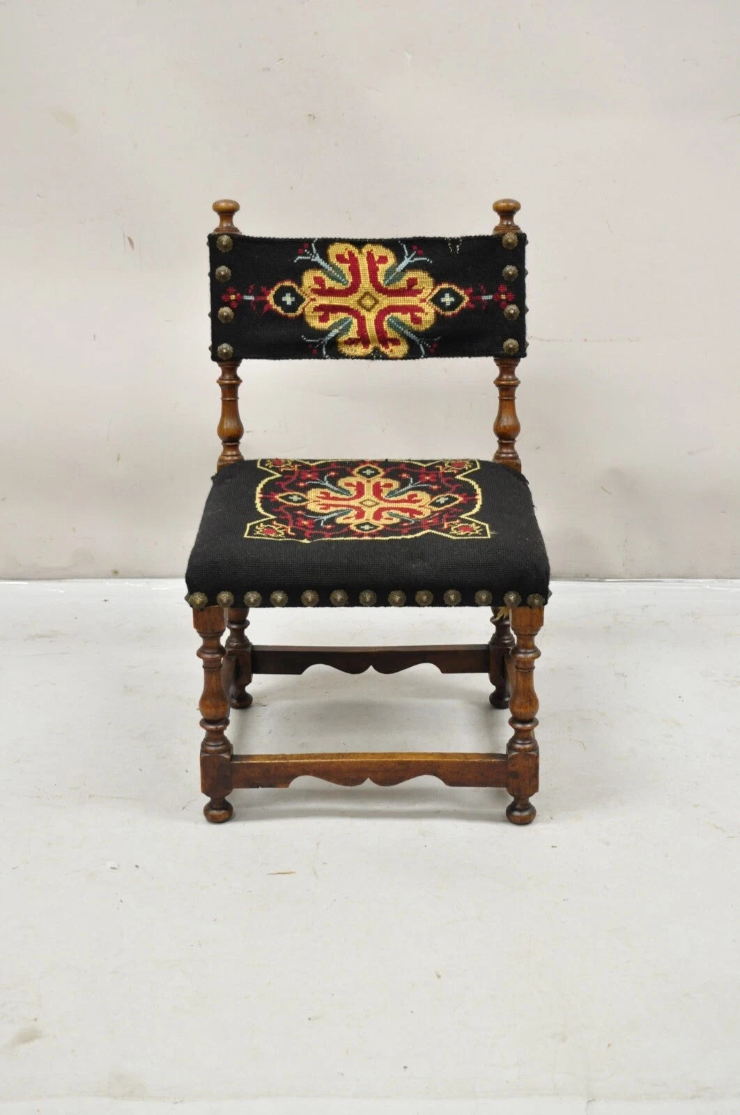 Antique Italian Renaissance Turn Carved Walnut Tapestry Small Childs Side Chair