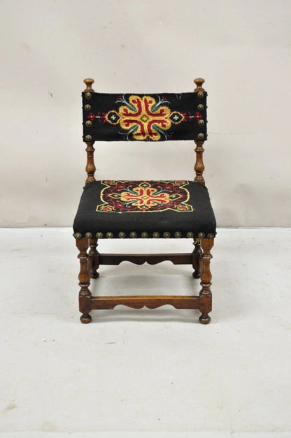 Antique Italian Renaissance Turn Carved Walnut Tapestry Small Childs Side Chair