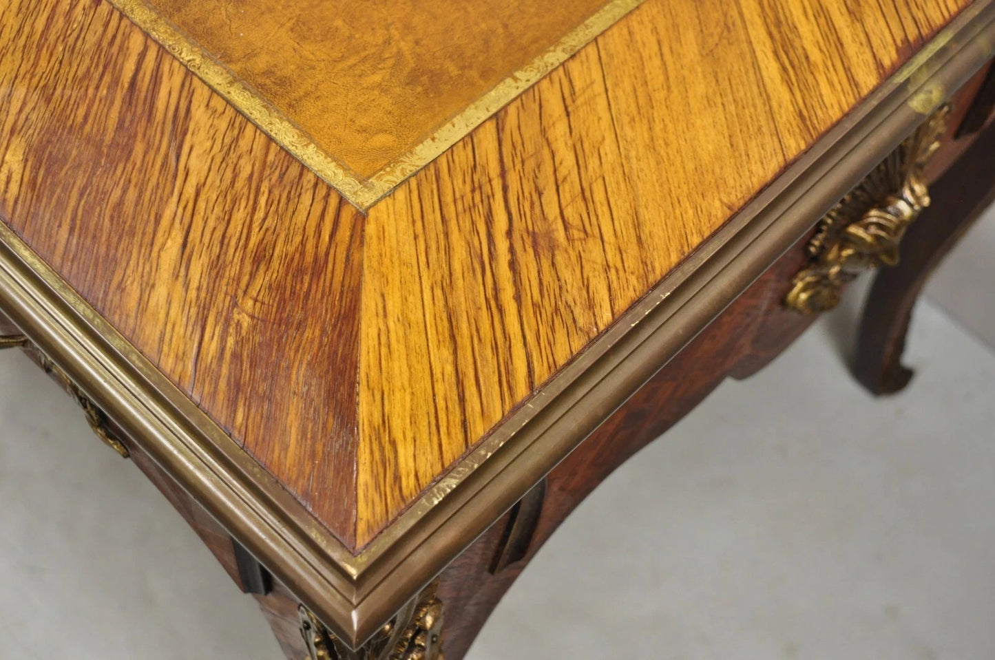 Vintage French Louis XV Style Figural Bronze Ormolu Leather Top Desk Bureau Plat