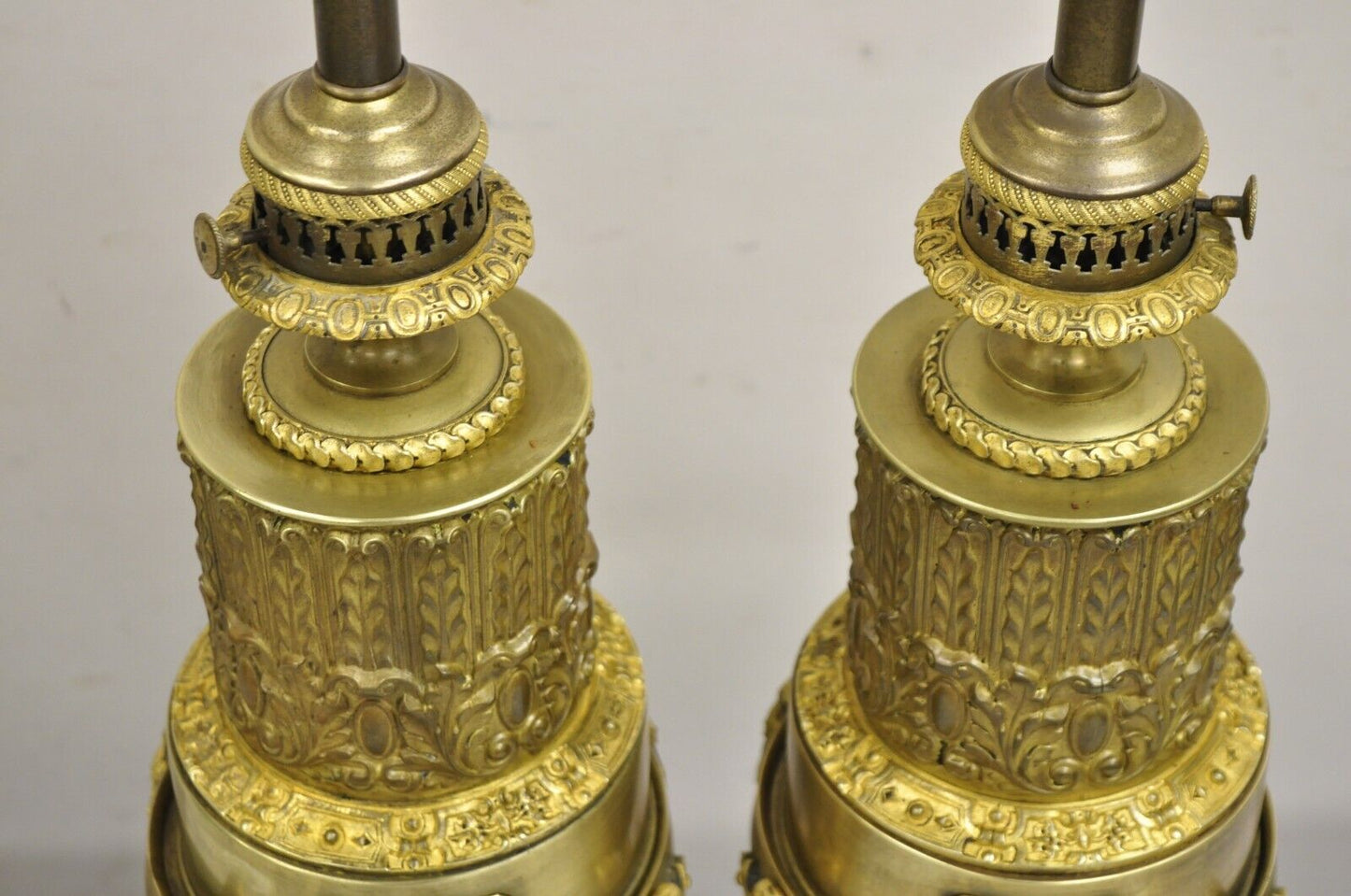 Antique Carcel Paris French Renaissance Gold Gilt Bronze Oil Table Lamp - a Pair