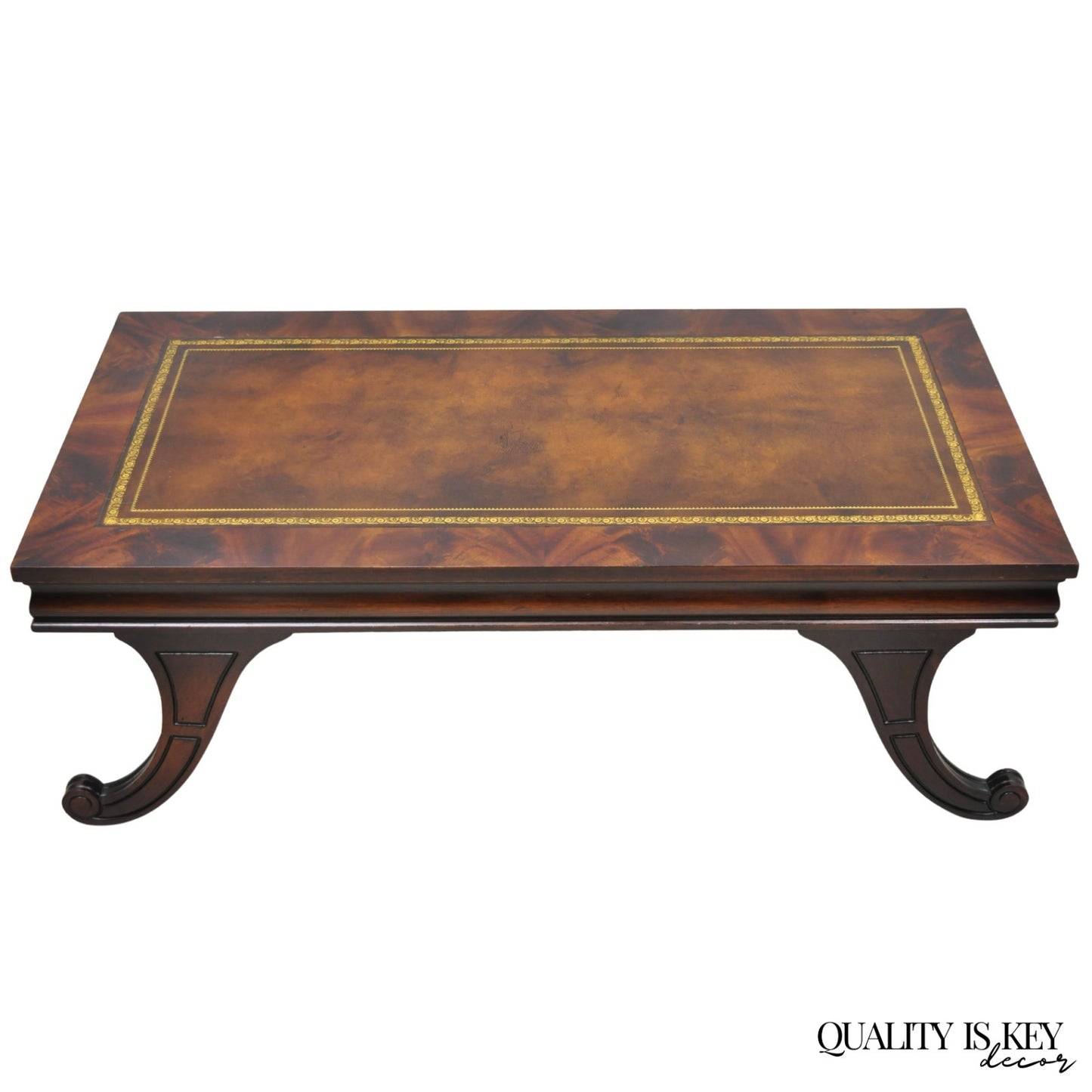 Vintage French Regency Mahogany Leather Top Saber Leg Coffee Table attr Weiman