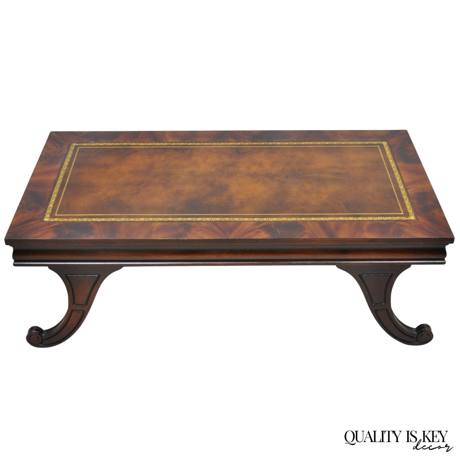 Vintage French Regency Mahogany Leather Top Saber Leg Coffee Table attr Weiman