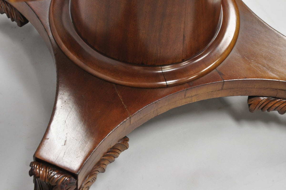 Antique American Empire 54" Square Mahogany Paw Foot Pedestal Base Dining Table