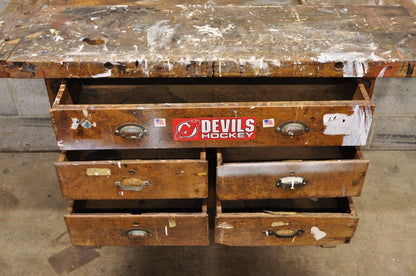 Antique American Industrial Wood Plank Distress Paint Splatter Work Bench Table