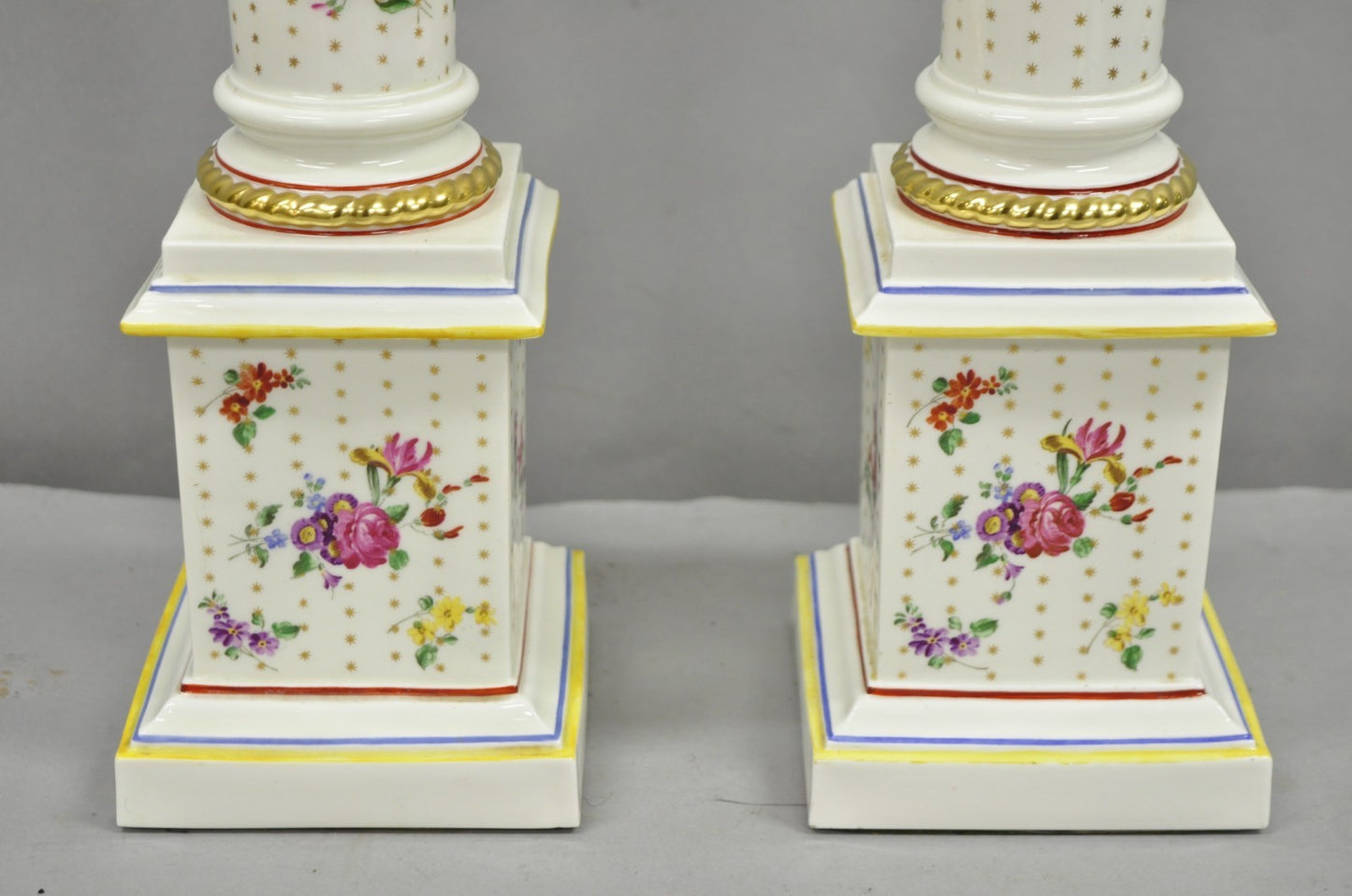 Vintage Victorian French Porcelain Column Table Lamps w Painted Flowers - a Pair